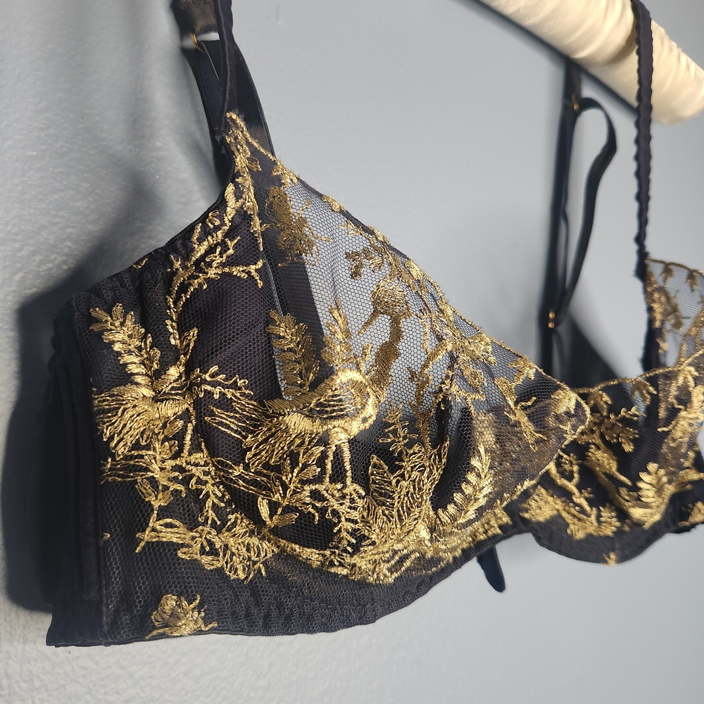 Coco de Mer Navy and Gold Lace Bra + High Waisted Panty Lingerie Set